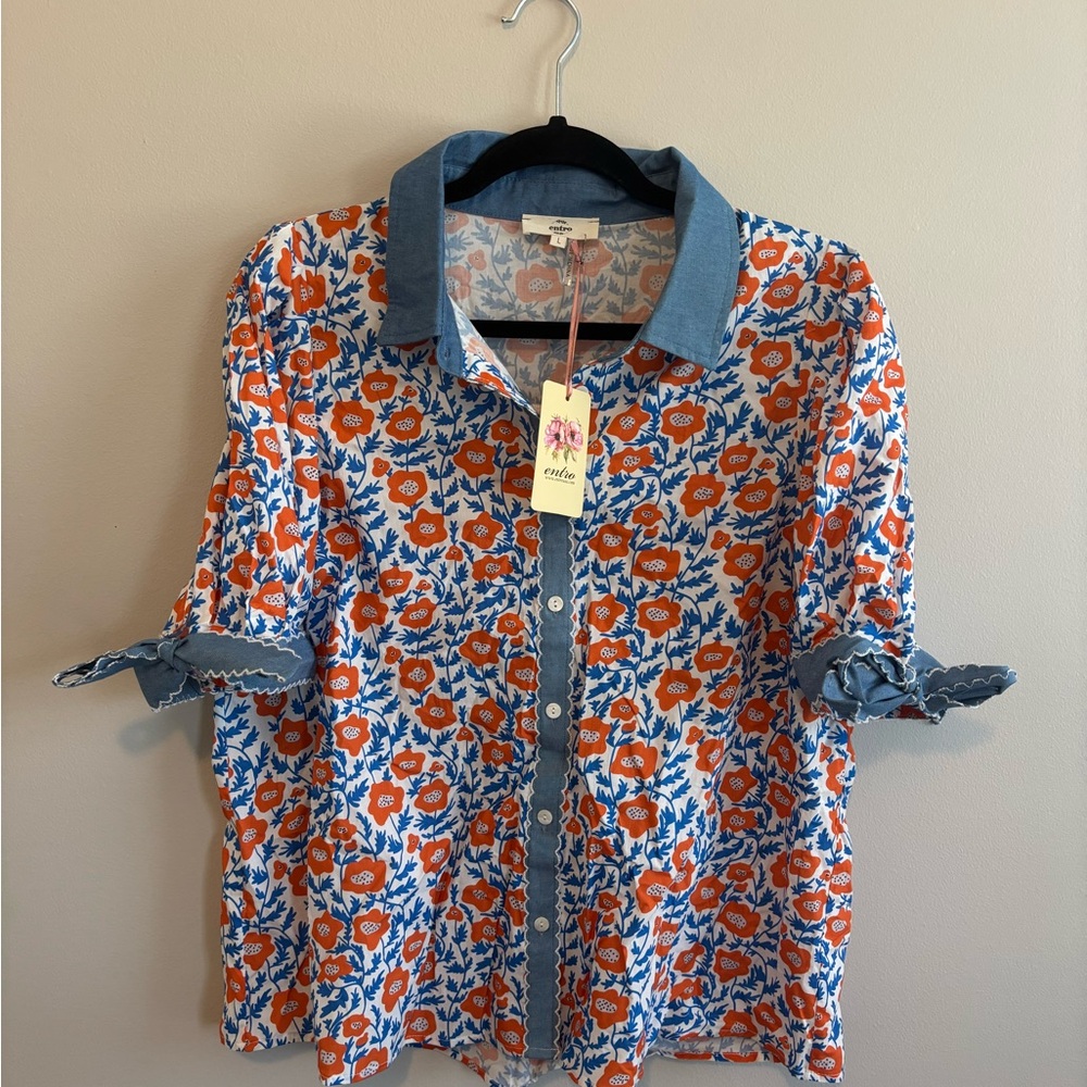 entro Orange and Blue Floral Button-Front Blouse
